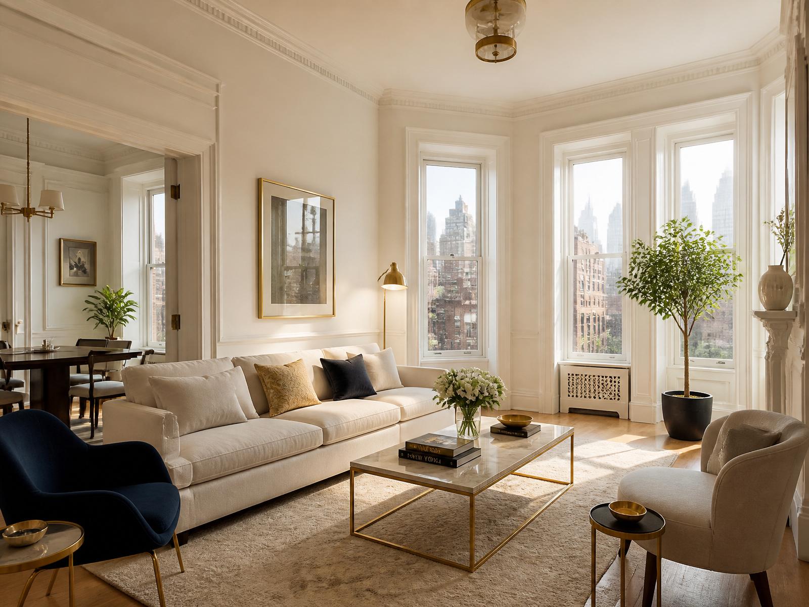 Meticulously reset New York brownstone living room bathed in morning light
